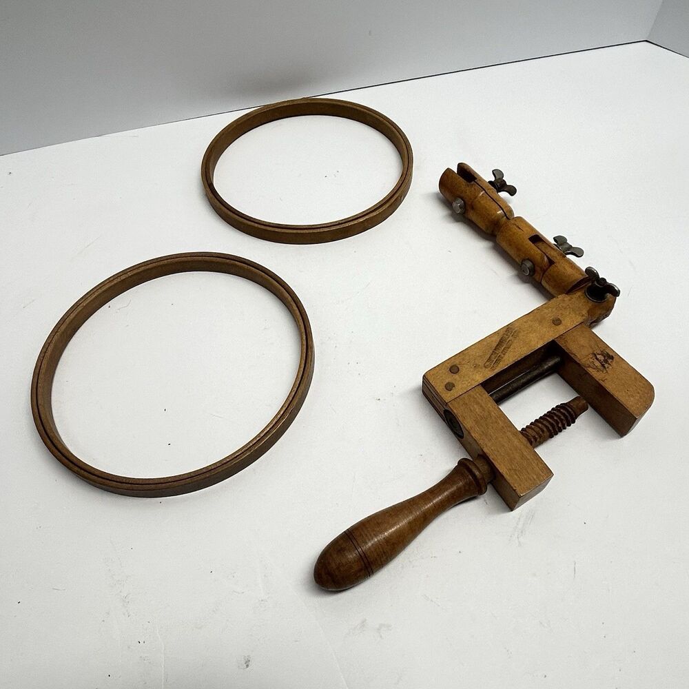 Antique Charm Hoop Holder Table Clamp Stand Set with 2 Wooden Hoops